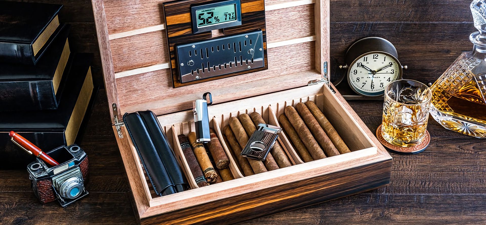 Cigars And Accessories In Humidor.